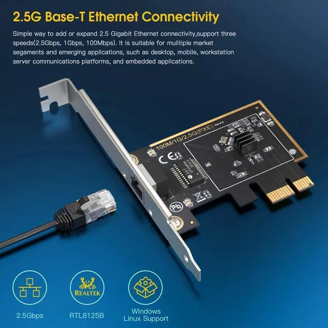 Alt view image 3 of 7 - 2.5Gbps PCI Express Network Adapter, 2.5GBase-T PCIe Card, Wake on LAN, Flow Control, Low Profile Bracket, Windows 11/10 /8 /8.1/7, Windows Server 2012, 2008, Linux PE25