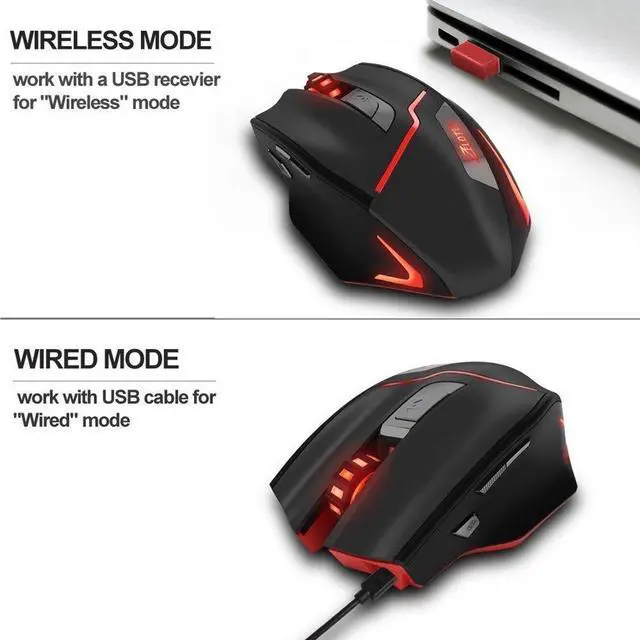 Alt view image 6 of 7 - Zelotes 3200DPI Rechargeable Dual-Mode Wired / Wireless Mouse,6 Adjustable DPI Levels,7 Buttons LED Portable Computer gaming mouse Mice with USB Nano Receiver for Gamer,PC,Mac,Laptop,Macbook,Black