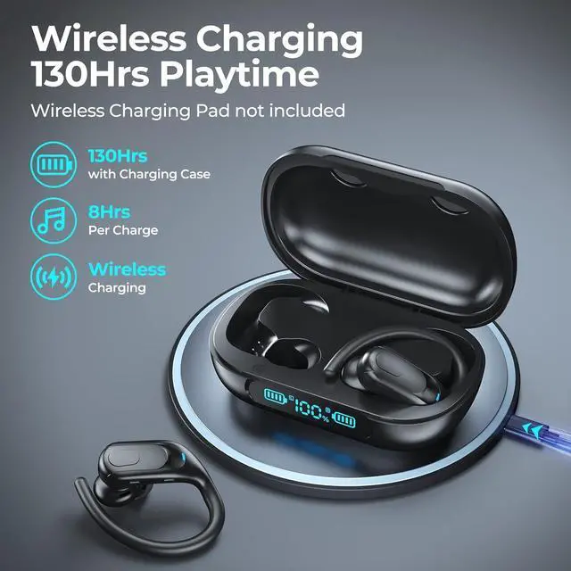 Alt view image 2 of 7 - Wireless Earbuds Bluetooth 5.3 Headphones 130hrs Playtime Wireless Charging Ear Buds IPX7 Waterproof Earphones Over-Ear Headset with Earhooks LED Power Display for Sports Workout Running Gym