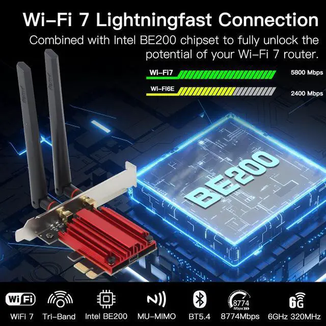 Alt view image 2 of 7 - AX5400 PCIe WiFi 7 WiFi Card for Desktop PC Bluetooth 5.4 WPA3 802.11be AX Tri Band Wireless Adapter with MU-MIMO Ultra-Low Latency Supports Windows 11,10 (Not Support for AMD Motherboard)