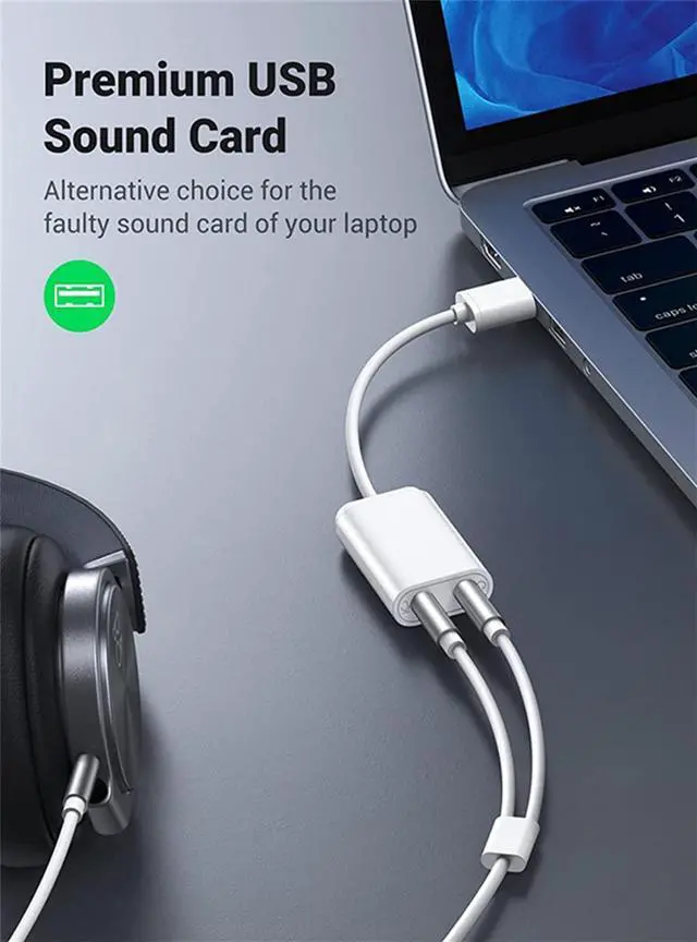 Alt view image 2 of 7 - USB to Audio Jack Sound Card Adapter with Dual TRS 3-Pole 3.5mm Headphone and Microphone USB to Aux 3.5mm External Audio Converter for Windows Mac Linux PC Laptops Desktops PS5 Headsets, White