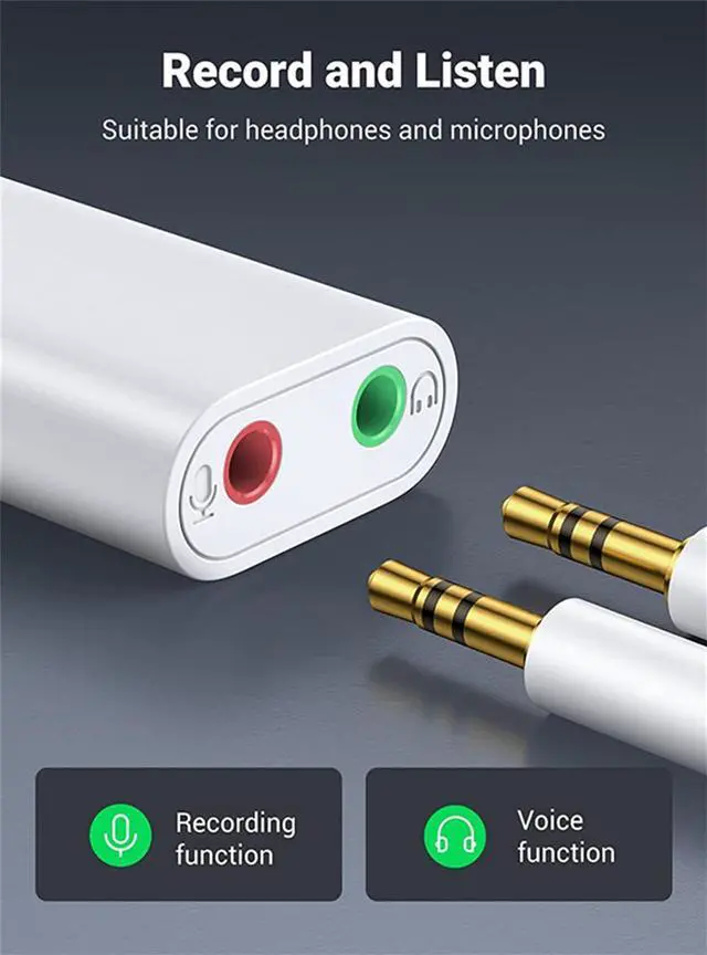 Alt view image 4 of 7 - USB to Audio Jack Sound Card Adapter with Dual TRS 3-Pole 3.5mm Headphone and Microphone USB to Aux 3.5mm External Audio Converter for Windows Mac Linux PC Laptops Desktops PS5 Headsets, White
