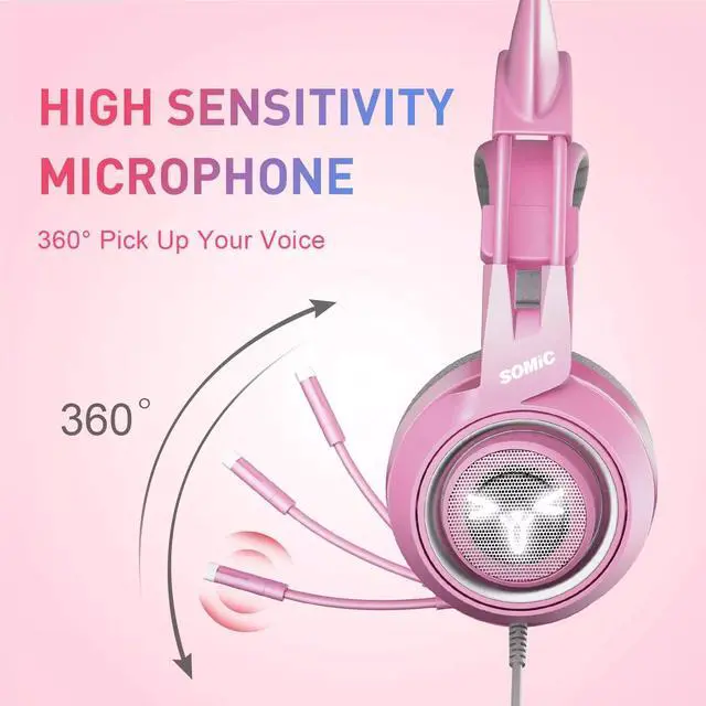 Alt view image 5 of 7 - SOMIC G951 Pink Lovely Cat Shape Noise Cancelling Girl Gaming Headphones, Virtual 7.1 Surround Sound Effect Headset with SVE Vibration and Cute LED Light Pattern For PS4 PC Laptop Games