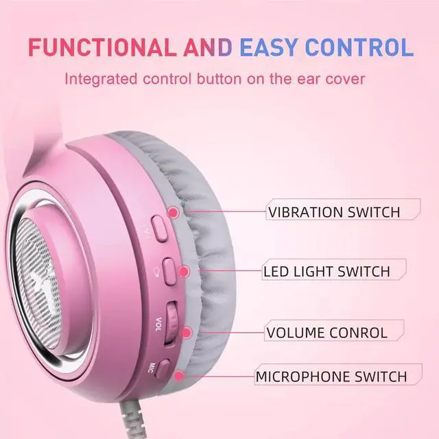 Alt view image 4 of 7 - SOMIC G951 Pink Lovely Cat Shape Noise Cancelling Girl Gaming Headphones, Virtual 7.1 Surround Sound Effect Headset with SVE Vibration and Cute LED Light Pattern For PS4 PC Laptop Games