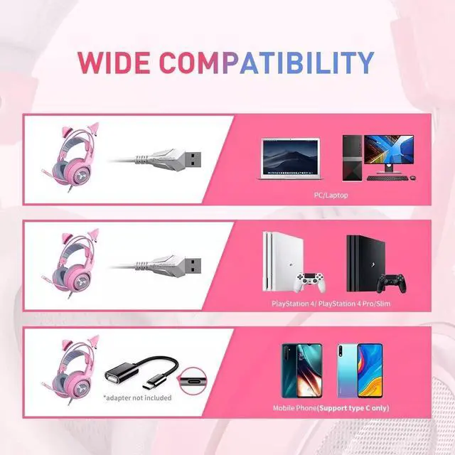 Alt view image 6 of 7 - SOMIC G951 Pink Lovely Cat Shape Noise Cancelling Girl Gaming Headphones, Virtual 7.1 Surround Sound Effect Headset with SVE Vibration and Cute LED Light Pattern For PS4 PC Laptop Games
