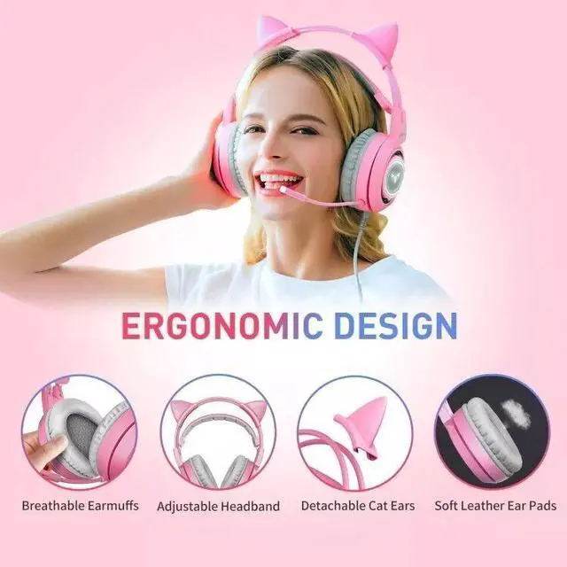Alt view image 7 of 7 - SOMIC G951 Pink Lovely Cat Shape Noise Cancelling Girl Gaming Headphones, Virtual 7.1 Surround Sound Effect Headset with SVE Vibration and Cute LED Light Pattern For PS4 PC Laptop Games