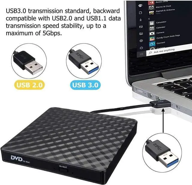 Alt view image 5 of 7 - Portable USB 3.0 External CD DVD Drive, 8X DVD+-R/RW DVD Burner for Acer 5 Nitro Aspire 5 E 15 Inspire E15 Laptop Computer, Super Super Multi 24X CD-RW Writer Black Plaid Pattern