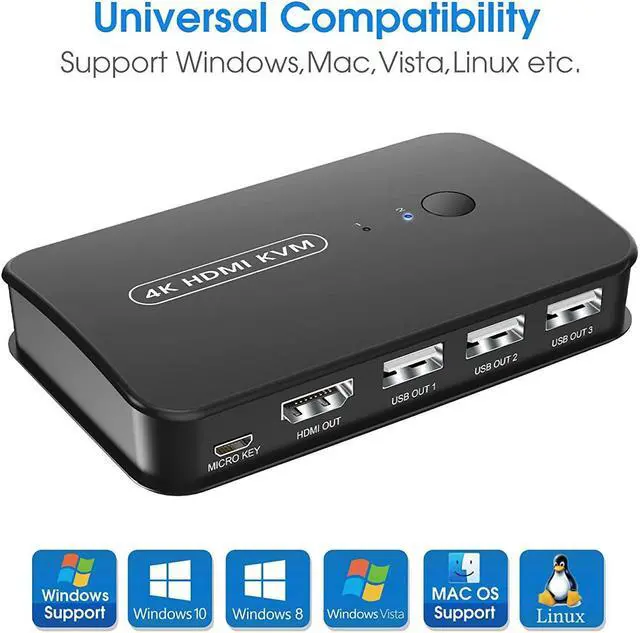Alt view image 3 of 7 - 2 Port 4K HDMI KVM Switch Box, USB and HDMI KVM Switch for 2 Computers Share Keyboard Mouse Printer and one HD Monitor, Support UHD 4K @30Hz, with Remote Controller and 2 HDTV KVM Cables