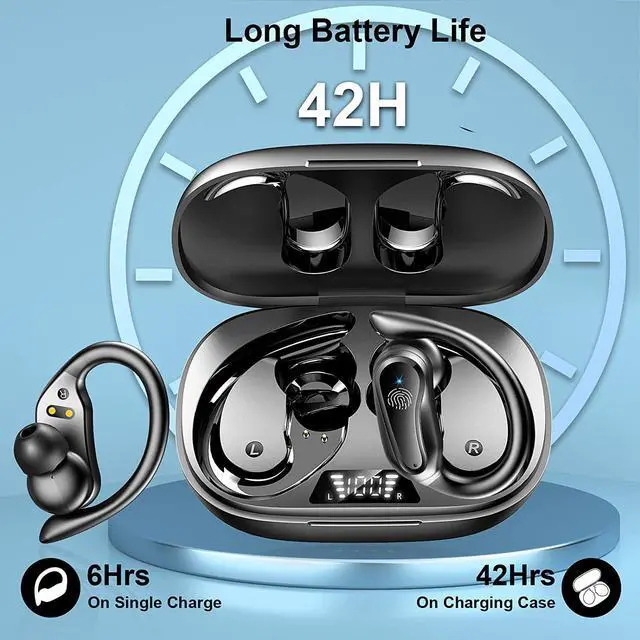 Alt view image 4 of 7 - Ture Wireless Earbud, Bluetooth 5.1 Headphones with Dual LED Digital Display 42Hrs Playtime, IP7 Super Waterproof Running Headset with Earhooks Stereo Sound Wireless Earphones with Mic (Black) eokCXOY