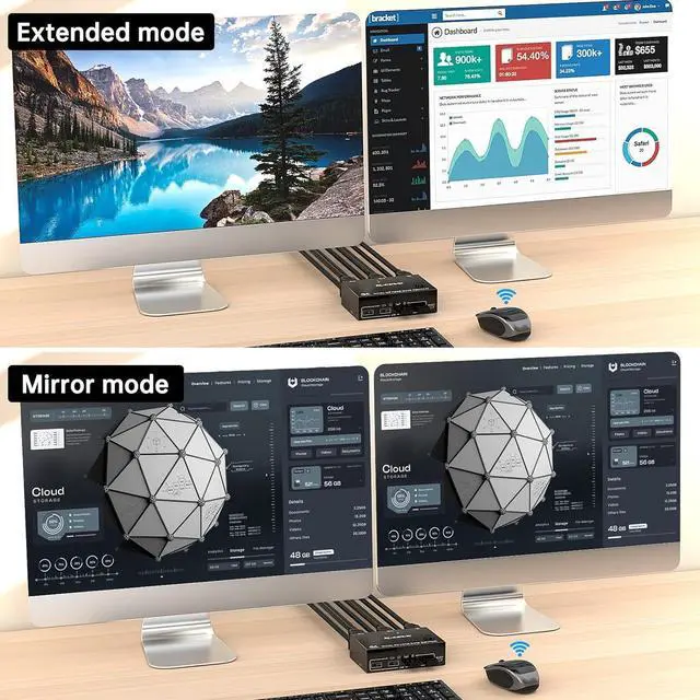 Alt view image 3 of 7 - Dual Monitor Displayport KVM Switch 8K@30Hz 4K@144Hz, DP Extended Display KVM Switch for 2 Computers Share 2 Monitors and 4 USB 2.0 Ports, DP KVM Switch 2 in 2 Out, Wired Remote and 4 Cables Included