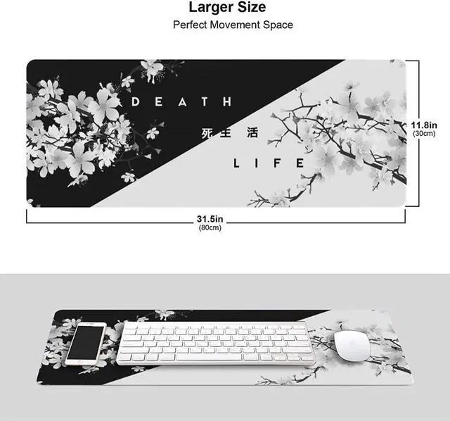 Alt view image 2 of 5 - Isptewhie Black and White Cherry Blossom Gaming Mouse Pad XL Extended Large Mouse Mat Desk Pad Stitched Edges Mousepad Long Nonslip Rubber Base Mice Pad 31.5 X 11.8 Inch