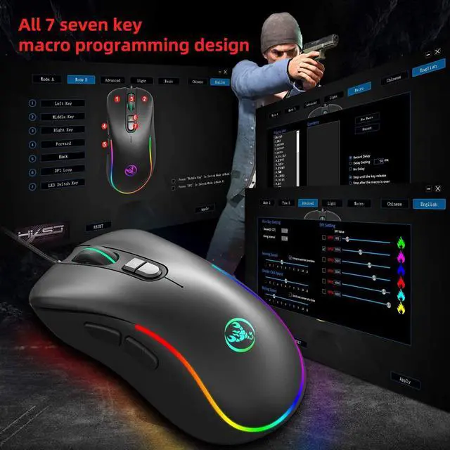 Alt view image 6 of 7 - Gaming Mouse Wired [6400 DPI] [Programmable] [Breathing Light] Ergonomic Game USB Computer Gaming Mice RGB Gamer Desktop Laptop PC Gaming Mouse, 7 Buttons for Windows 7/8/10/XP Vista Linux