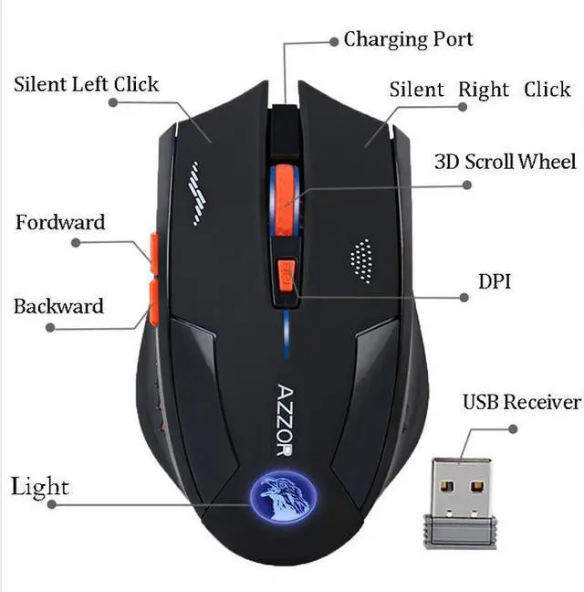 Alt view image 4 of 7 - Rechargeable Wireless Mouse Slient Button Computer Gaming 2400DPI Built-in Battery with Charging Cable For PC Laptop Black