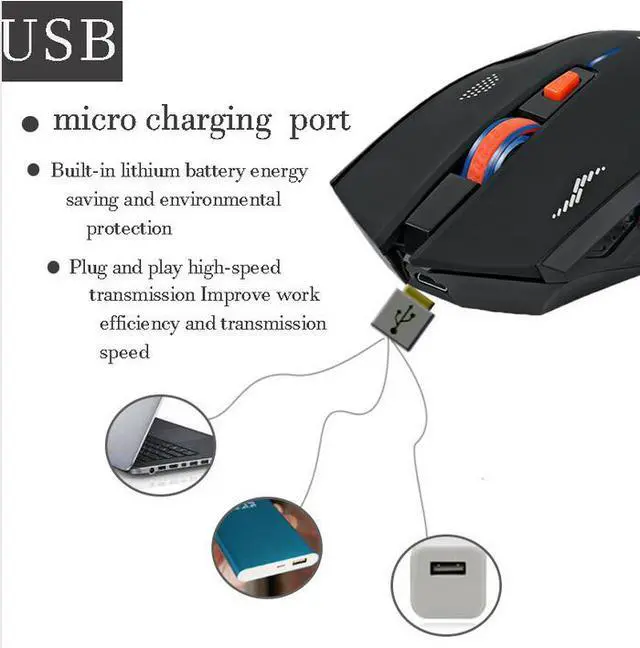 Alt view image 5 of 7 - Rechargeable Wireless Mouse Slient Button Computer Gaming 2400DPI Built-in Battery with Charging Cable For PC Laptop Black