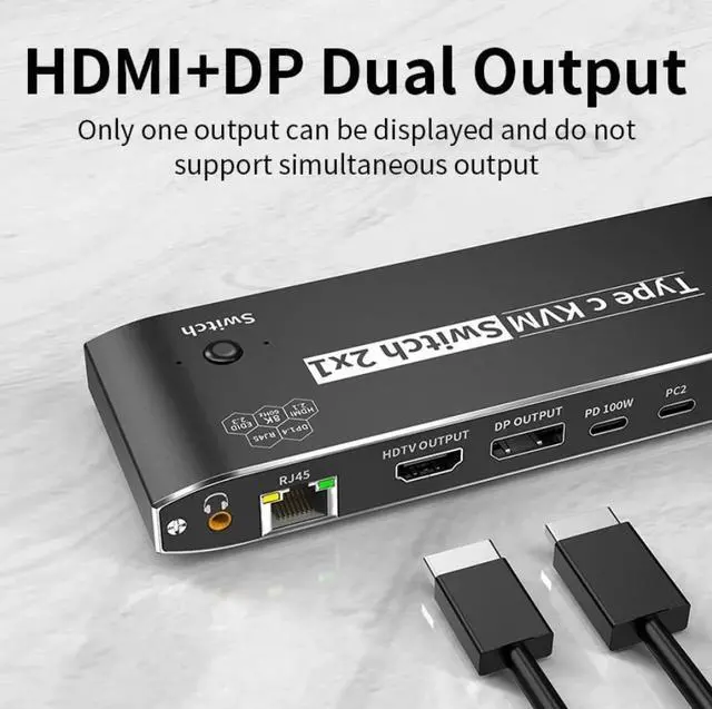 Alt view image 2 of 6 - 8K USB C KVM Swith 2 in 1 Out, Type C to Displayport or HDMI KVM Switch for 2 Computers Share 1 Monitor with 7 USB2.0 Devies with PD Charging/3.5mm audio/RJ45 Network, Compatible with Thinderbolt 3/4