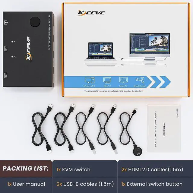 Alt view image 7 of 7 - Dual Monitor USB HDMI KVM Switch 2 in 2 Out, 2 Port 4K@60Hz HDMI Extended Display Switcher for 2 Computers Share 2 Monitors and 4 USB 2.0 Hub, Desktop Controller and HDMI USB Cables Included