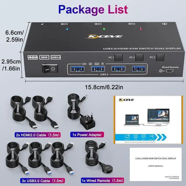 Alt view image 7 of 7 - USB 3.0 HDMI KVM Switch 2 Monitors 3 Computers 4K@60Hz, EDID simulation, Dual Monitor HDMI KVM Switch 3 in 2 Out for 3 Computers Share 2 Displays and 4 USB 3.0 Ports, Wired Remote and Cables Included