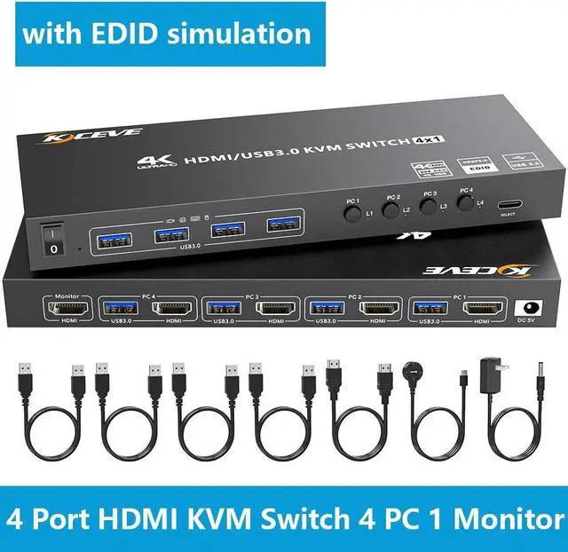 Main image of HDMI KVM Switch 4 Computers 4K@60Hz 2K@120Hz, Simulation EDID, 4 Port HDMI USB 3.0 KVM Switches for 4 PC Share 1 Monitor and Keyboard Mouse Printer,with Wired Remote,12V Power Adapter and 5 Cables