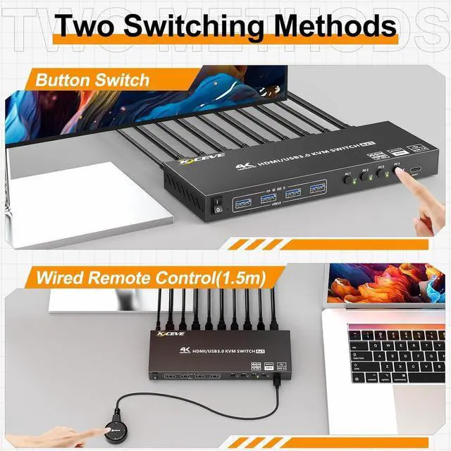 Alt view image 6 of 7 - HDMI KVM Switch 4 Computers 4K@60Hz 2K@120Hz, Simulation EDID, 4 Port HDMI USB 3.0 KVM Switches for 4 PC Share 1 Monitor and Keyboard Mouse Printer,with Wired Remote,12V Power Adapter and 5 Cables