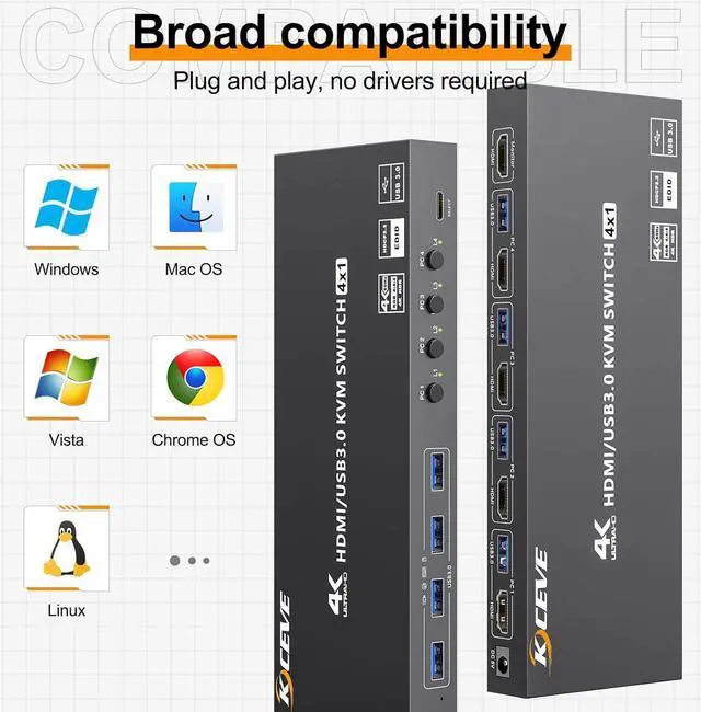 Alt view image 7 of 7 - HDMI KVM Switch 4 Computers 4K@60Hz 2K@120Hz, Simulation EDID, 4 Port HDMI USB 3.0 KVM Switches for 4 PC Share 1 Monitor and Keyboard Mouse Printer,with Wired Remote,12V Power Adapter and 5 Cables