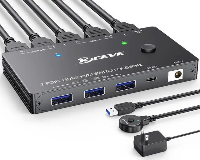 Main image of 8K HDMI KVM Switch 2 in 1 Out, 2 Port 8K@60Hz 4K@120Hz, HDMI KVM Switch for 2 Computers Share 1 Monitor and 3 USB 3.0 Devices,HDCP 2.3, HDR 10,with Wired Remote,12V Power Adapter and 2 USB 3.0 Cables