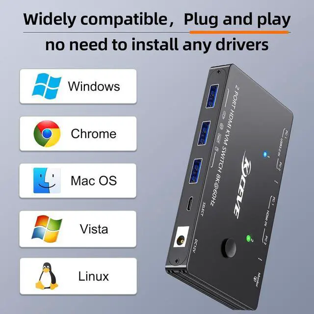 Alt view image 7 of 7 - 8K HDMI KVM Switch 2 in 1 Out, 2 Port 8K@60Hz 4K@120Hz, HDMI KVM Switch for 2 Computers Share 1 Monitor and 3 USB 3.0 Devices,HDCP 2.3, HDR 10,with Wired Remote,12V Power Adapter and 2 USB 3.0 Cables