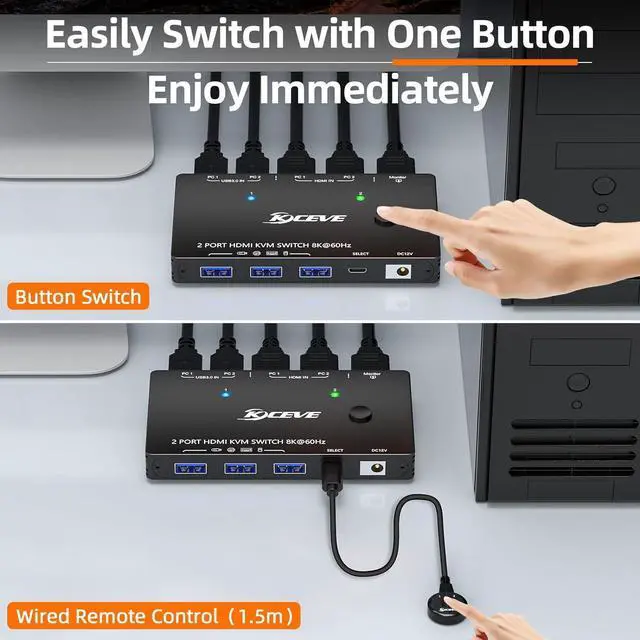 Alt view image 6 of 7 - 8K HDMI KVM Switch 2 in 1 Out, 2 Port 8K@60Hz 4K@120Hz, HDMI KVM Switch for 2 Computers Share 1 Monitor and 3 USB 3.0 Devices,HDCP 2.3, HDR 10,with Wired Remote,12V Power Adapter and 2 USB 3.0 Cables