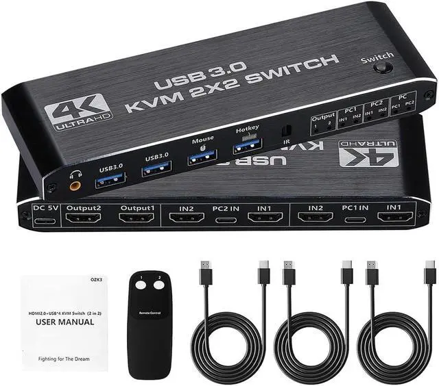 Main image of KVM Switch 2 Monitors 2 Computers, 4K@60Hz Dual Monitor HDMI KVM Switch 2 in 2 Out with Audio, Keyboard Video Mouse Peripherals Display Port Switcher, UHD Support, USB 3.0 Hub, Hotkeys