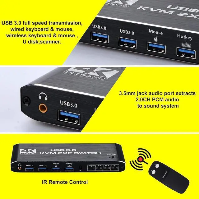 Alt view image 4 of 7 - KVM Switch 2 Monitors 2 Computers, 4K@60Hz Dual Monitor HDMI KVM Switch 2 in 2 Out with Audio, Keyboard Video Mouse Peripherals Display Port Switcher, UHD Support, USB 3.0 Hub, Hotkeys