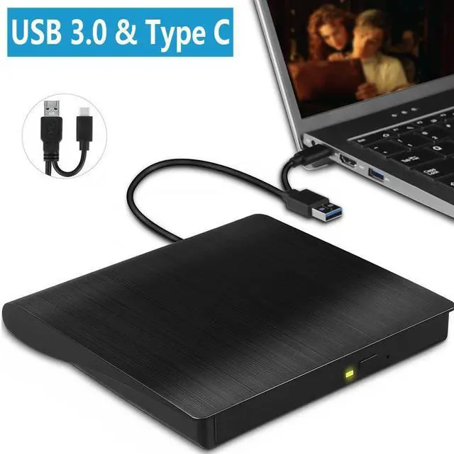 Main image of External CD DVD Drive, USB 3.0 & Type-C CD Burner Portable CD DVD +/-RW Optical Drive Slim CD DVD ROM Rewriter CD/DVD Player Writer Reader for Laptop Desktop Mac-Book PC Windows Linux Mac OS (Black)