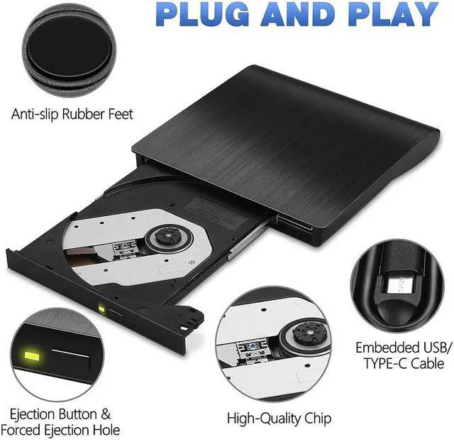 Alt view image 4 of 7 - External CD DVD Drive, USB 3.0 & Type-C CD Burner Portable CD DVD +/-RW Optical Drive Slim CD DVD ROM Rewriter CD/DVD Player Writer Reader for Laptop Desktop Mac-Book PC Windows Linux Mac OS (Black)