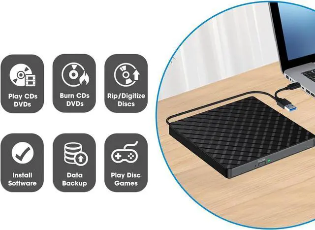 Alt view image 2 of 7 - External CD DVD Drive, USB 3.0 and Type-C Portable CD/DVD +/-RW Drive Reader, Optical CD Burner Rewriter Slim DVD Player External Disk Drive for Laptop, Desktop, Mac, Mac OS, Windows, Linux (Black)