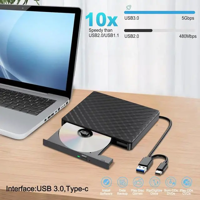 Alt view image 4 of 7 - External CD DVD Drive, USB 3.0 and Type-C Portable CD/DVD +/-RW Drive Reader, Optical CD Burner Rewriter Slim DVD Player External Disk Drive for Laptop, Desktop, Mac, Mac OS, Windows, Linux (Black)