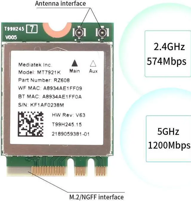 Alt view image 3 of 7 - MT7921K M.2 WiFi 6 Card for PC Dual Band 2.4GHz/5GHz 1800Mbps 802.11ax/ac wifi Bluetooth 5.2 Network Card same as wifi 6 AX200 Wireless Adapter Support Windows 10/11