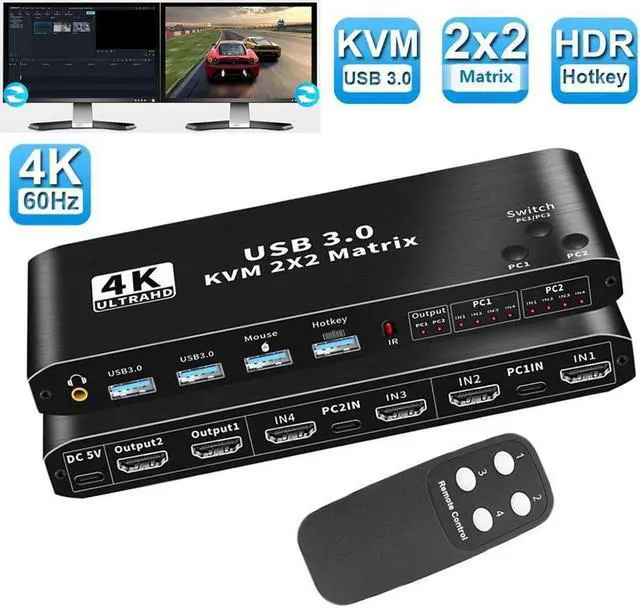 Main image of 2x2 HDMI KVM Matrix Switch Dual Monitor HDMI + USB-C 4K@60Hz 2 in 2 Out KVM Switch 2 Monitors 2 Computers, with Keyboard, Mouse Output and 2 USB 3.0 Ports, PC Monitor Keyboard Mouse Switcher