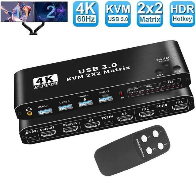 Main image of 2x2 HDMI KVM Matrix Switch 2 in 2 Out, Dual Monitor HDMI + USB-C 4K @60Hz KVM Switch 2 Monitors 2 Computers, with Keyboard, Mouse Output and 2 USB 3.0 Ports, PC Monitor Keyboard Mouse Switcher