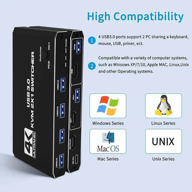 Alt view image 5 of 7 - USB 3.0 HDMI KVM Switch for 2 Computers Share 1 Monitor 4K@60Hz HDCP2.3 HDMI2.0 KVM Switches for 2 Computers Share 1 Set Mouse Keyboard U Disk Printer, Support for up to 4 USB Devices
