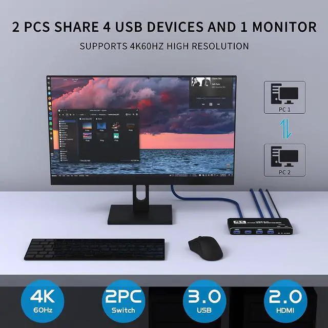 Alt view image 2 of 7 - USB 3.0 HDMI KVM Switch for 2 Computers Share 1 Monitor 4K@60Hz HDCP2.3 HDMI2.0 KVM Switches for 2 Computers Share 1 Set Mouse Keyboard U Disk Printer, Support for up to 4 USB Devices