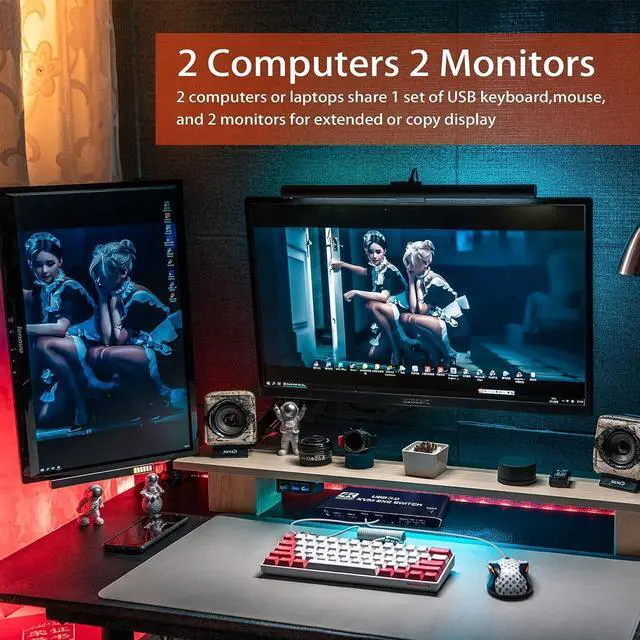 Alt view image 2 of 7 - DualMonitorHDMIKVMSwitch2PCs2Monitors,4K@60HzHDMIKVMSwitch2PortExtendedDisplay,HDMIKVMSwitch2in2Outwith3.5mmAudio,Support4USB3.0ShareKeyboardMousePrinterwithHotkey 8iop