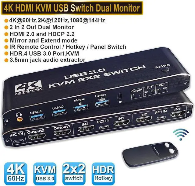 Main image of DualMonitorHDMIKVMSwitch2PCs2Monitors,4K@60HzHDMIKVMSwitch2PortExtendedDisplay,HDMIKVMSwitch2in2Outwith3.5mmAudio,Support4USB3.0ShareKeyboardMousePrinterwithHotkey 8iop