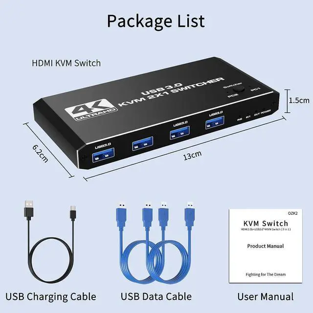 Alt view image 7 of 7 - USB 3.0 HDMI KVM Switch for 2 Computers Share 1 Monitor 4K@60Hz HDCP2.3 HDMI2.0 KVM Switches for 2 Computers Share 1 Set Mouse Keyboard U Disk Printer, Support for up to 4 USB Devices
