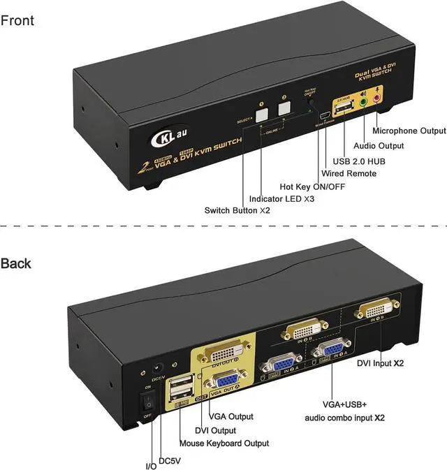Alt view image 6 of 7 - CKL 2 Port Dual Monitor KVM DVI + VGA Extended Display with Audio, Microphone, USB 2.0 Hub and Cables