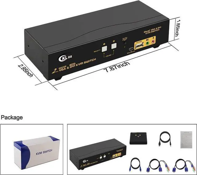 Alt view image 7 of 7 - CKL 2 Port Dual Monitor KVM DVI + VGA Extended Display with Audio, Microphone, USB 2.0 Hub and Cables