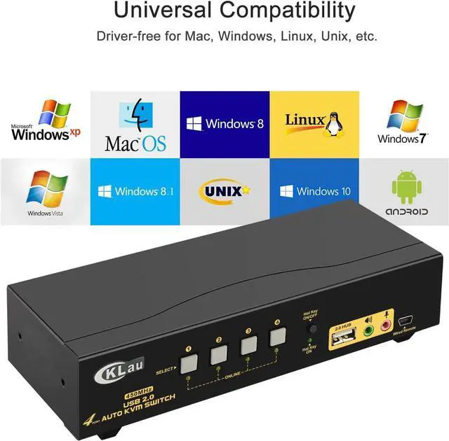 Alt view image 7 of 7 - CKLau 4 Port 450MHz USB Auto VGA KVM Switch with Audio and Cables, Monitor Switch for Multiple Computers Support Windows, Linux, Mac, Debian, Ubuntu, Fedora, Raspbian, Ubuntu