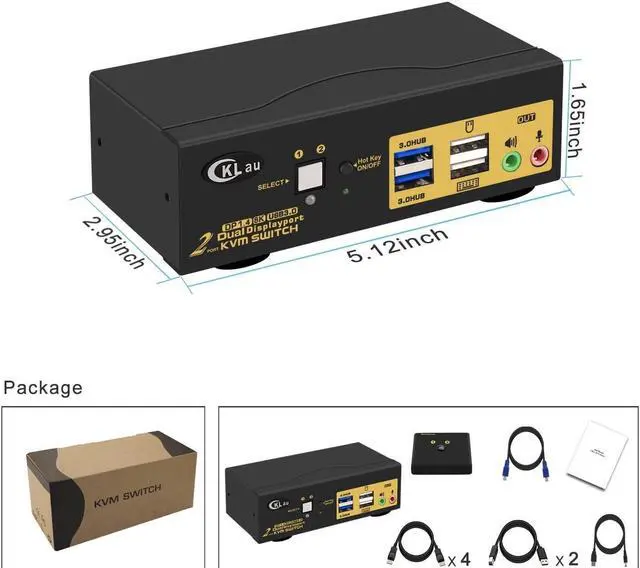 Alt view image 6 of 6 - CKLau 2 Port USB 3.0 Dual Monitor KVM Switch Displayport 1.4 8K@30Hz 4K@144Hz with Audio and Cables for 2 Computers Support Hotkey Switching