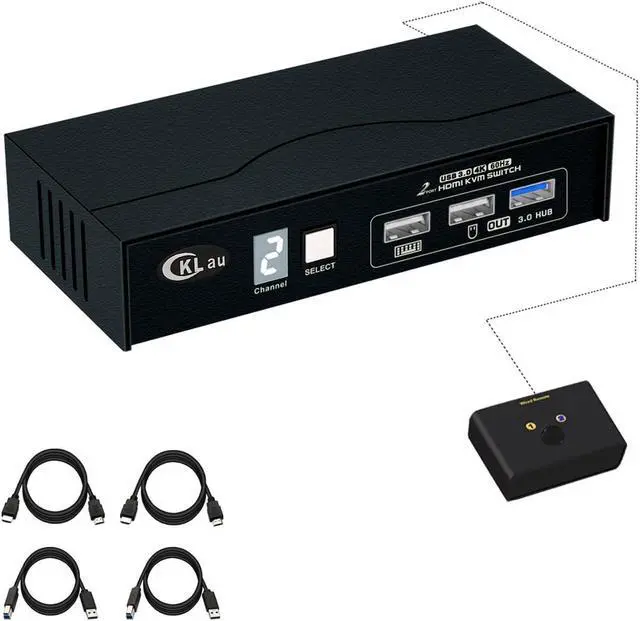 Main image of CKLau USB 3.0 2 Port HDMI KVM Switch 4K60Hz 2K144Hz with All Input Cables, Digital Display Support Manual Switching, Wired Remote Switching