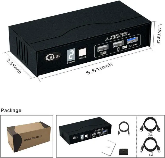 Alt view image 4 of 6 - CKLau USB 3.0 2 Port HDMI KVM Switch 4K60Hz 2K144Hz with All Input Cables, Digital Display Support Manual Switching, Wired Remote Switching
