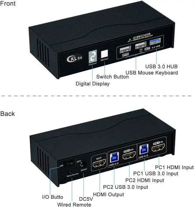 Alt view image 3 of 6 - CKLau USB 3.0 2 Port HDMI KVM Switch 4K60Hz 2K144Hz with All Input Cables, Digital Display Support Manual Switching, Wired Remote Switching