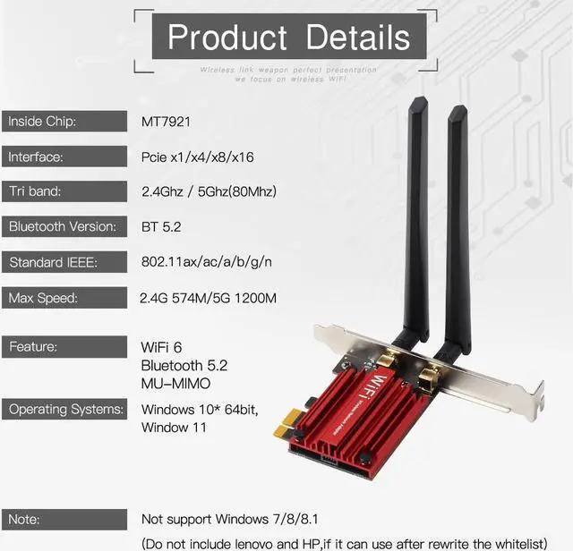 Alt view image 6 of 7 - WiFi 6 PCIe Wireless Wifi Card 1800Mbps 802.11 ax/ac Wi-Fi 6 Network Wlan wifi 6 MT7921K 2.4Ghz/5Ghz Bluetooth 5.2 OFDMA MU-MIMO AX1800 for Desktop Windows 10/11 64-bit