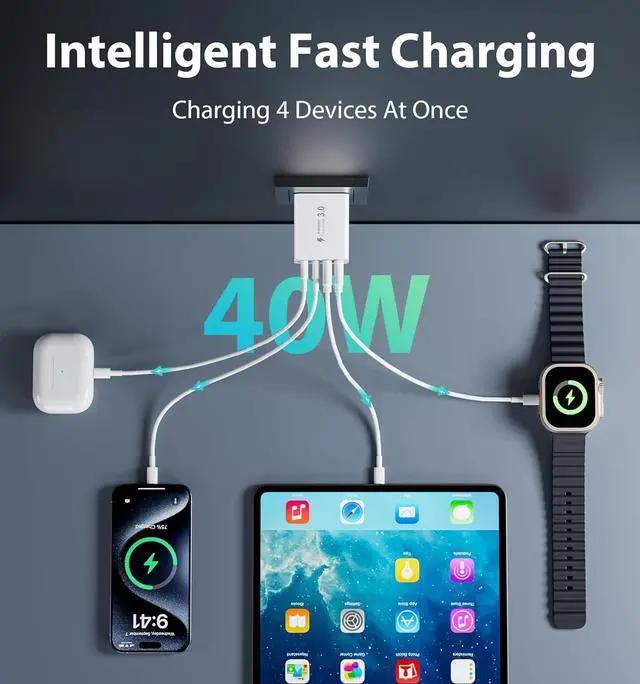 Alt view image 2 of 6 - 40W USB C Charger Cube Wall Charger, [2-Pack] Wall Plug Fast Charging Block, 4-Port PD + QC Power Adapter Multiport Brick Type C Box for i-Phone 15/14/13/12/11/Pro Max/XS/XR/8/7, Tablets, Cellphones